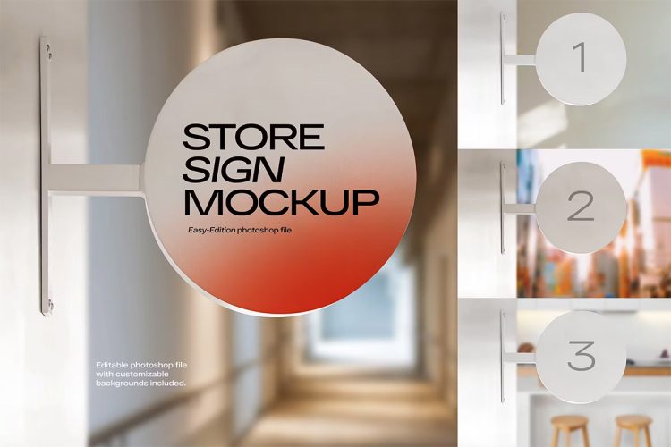 Round Sign Mockup 户外墙面门店圆形标志招牌广告牌模型展示设计贴图ps样机素材