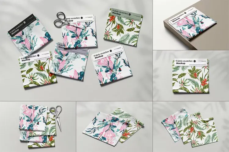 Fabric Swatches Mockup 6款家纺织物面料布料小样印花图案设计贴图ps样机素材展示效果图