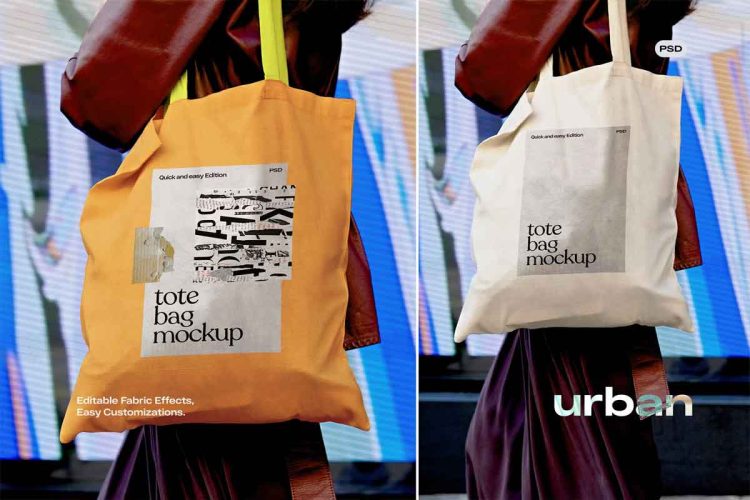 Tote Bag Mockup Urban 户外女模单肩背手提帆布包袋购物袋模型展示设计贴图ps样机素材