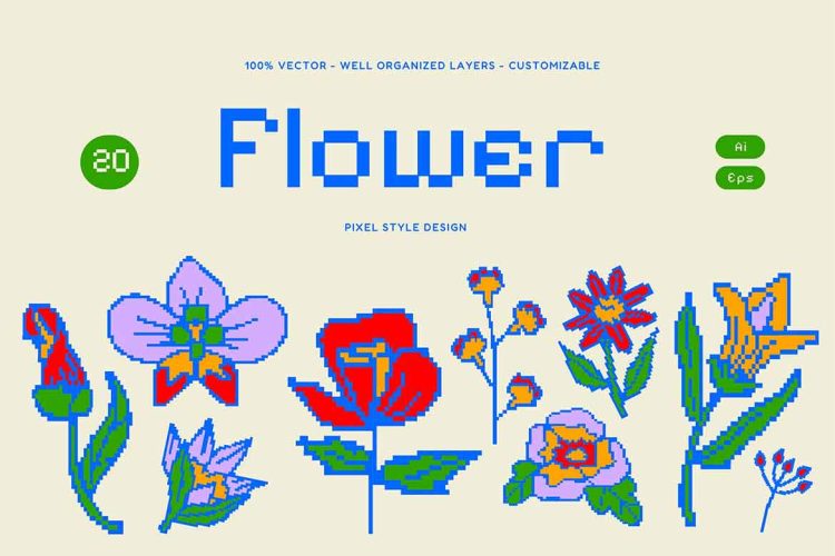 Cream Pixel Flower Illustration Set 手绘卡通像素风花卉花朵插图剪切画矢量设计素材