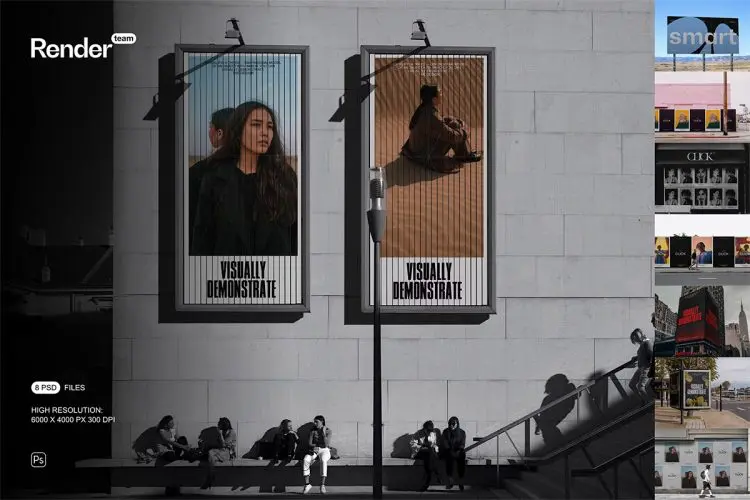 Poster and Billboard Mockup Set 户外招贴灯箱LED屏幕广告海报设计ps样机素材街拍场景展示效果图