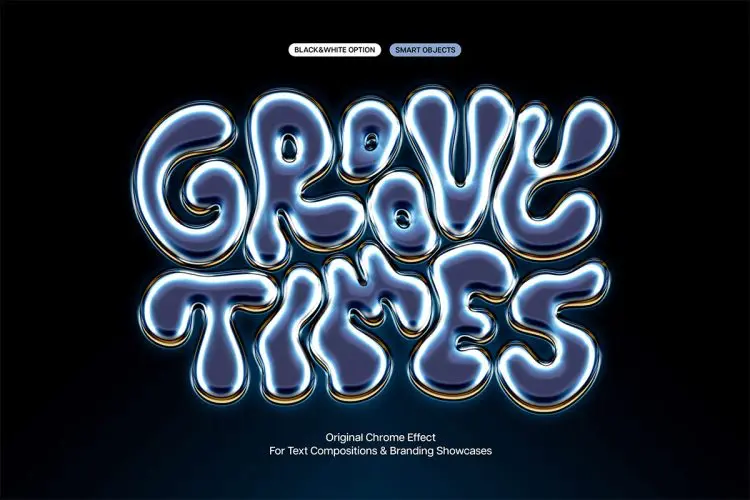 Iridescent Chrome Text Effect 潮流3D科幻Y2K液态金属光泽镀铬标题字体设计ps样机特效模板素材