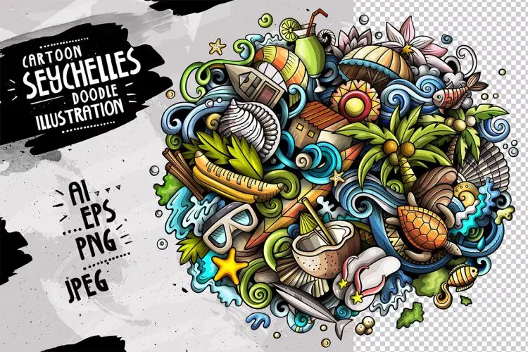 Seychelles Cartoon Doodle Illustration 塞舌尔群岛夏季海岛旅游卡通海洋绘画涂鸦手绘卡通插画插图ai设计素材源文件