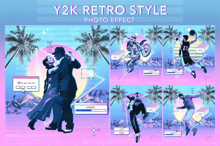 Y2K Retro Style Photo effect  80年代复古艺术Y2K蒸汽波照片海报ps特效样机素材