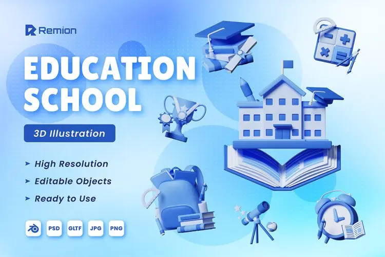 Education 3D Object  20款3D卡通开学季文具学校教育课程培训插图插画webp免抠设计素材
