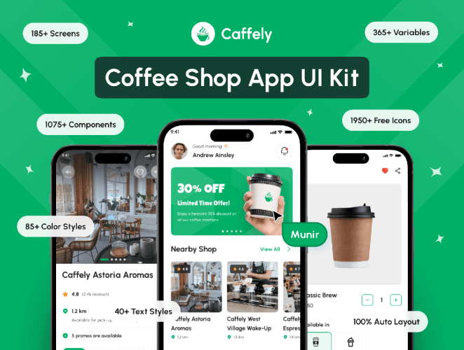 Caffely – Coffee Shop App UI Kit  185屏清新整洁咖啡快餐食品预订外卖app界面设计ui模板明暗模式