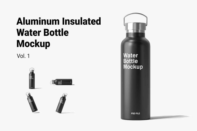 Aluminum Insulated Water Bottle Mockup Vol.1 铝合金绝缘水瓶保温瓶模型品牌logo标识设计贴图ps样机素材