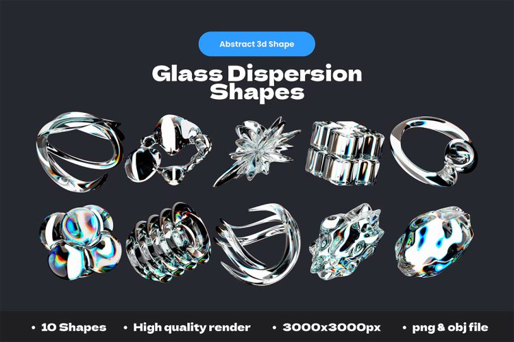 3d Glass Dispersion Shapes  10款3D玻璃全息虹光水晶质感抽象艺术几何图形png免抠图设计素材