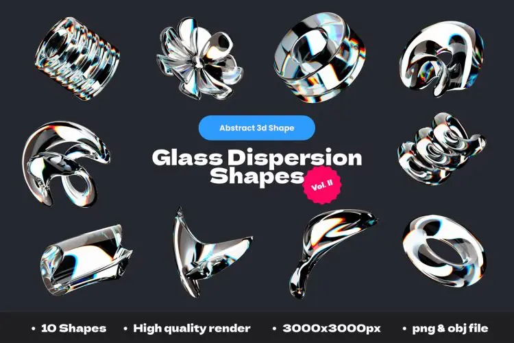 3d Glass Dispersion Vol.ll  10款3D玻璃全息虹光水晶质感抽象艺术几何图形webp免抠图设计素材