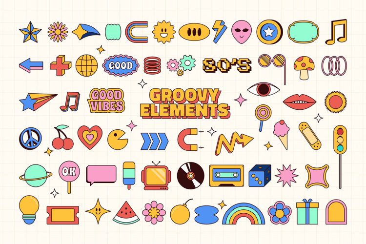 Groovy Elements Collection 复古Y2K趣味卡通形象装饰音乐元素剪切画插图矢量设计素材