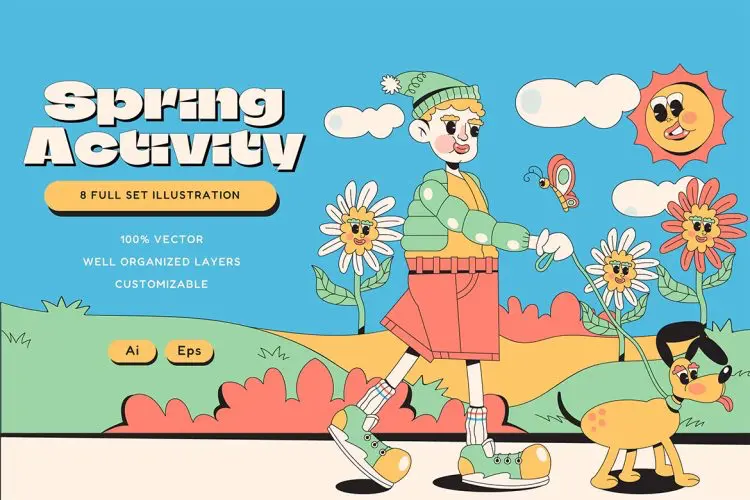 Blue Retro Cartoon Spring Illustration Set 复古趣味手绘卡通人物春季出游场景插图插画矢量平面设计素材