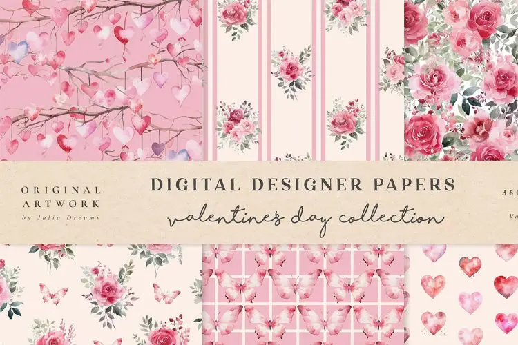 Valentine’s Day Watercolor Seamless Patterns 情人节水彩玫瑰花朵花卉无缝包装图案设计图片素材