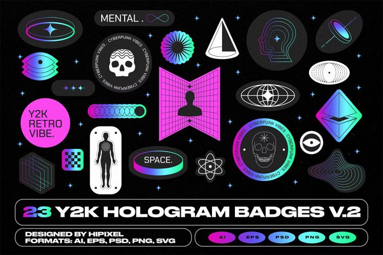 Y2K Hologram Badge Stickers V-2 复古Y2K艺术拼贴全息彩虹镭射徽章标志矢量设计素材