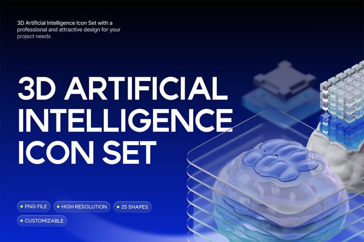 3D Artificial Intelligence Icon Set  25款未来科技Ai人工智能技术营销展示3D插图icon图标png免抠图设计素材