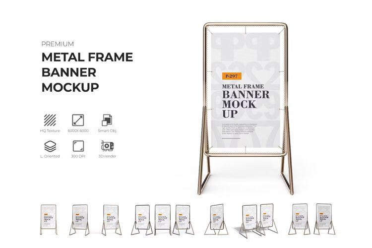 A Stand Metal Frame Banner Mockup  8款户外广告立牌金属海报陈列落地展示架ps样机素材展示效果图