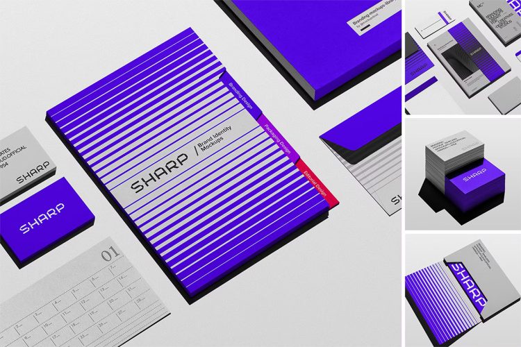 Branding Stationery Mockups  4款高级带光影品牌VI设计名片信封画册笔记本展示效果图PS智能贴图样机模板