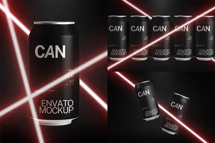Can Mockup Laser light 暗黑风苏打水汽水听装啤酒锡罐易拉罐设计展示效果图PSD样机模板