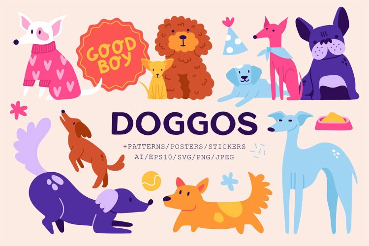 Doggos Clipart + Patterns 潮流时尚可爱宠物狗趣味卡通手绘插图插画图案设计ai矢量设计素材