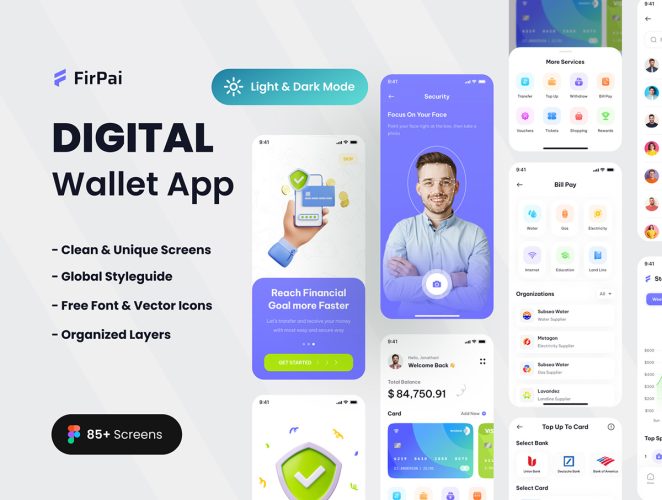 Firpai – Digital Wallet App UI Kit 双配色时尚金融交易银行数字钱包App应用UI界面figma模板套件素材