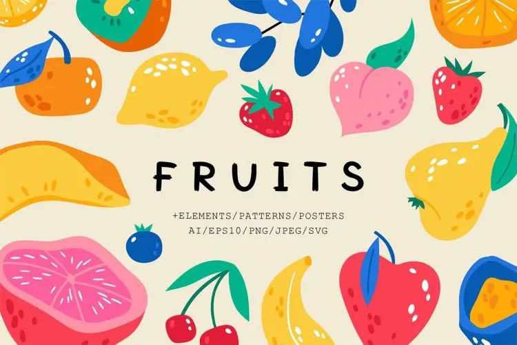 Fruits Clipart + patterns 时尚趣味夏日卡通水果扁平化插图手绘插画图案海报设计ai矢量素材