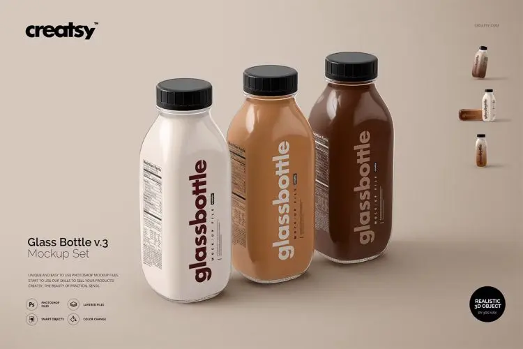 Glass Bottle Mockup Set v.3  4款透明玻璃瓶牛奶咖啡果汁饮料包装设计ps样机素材展示效果图