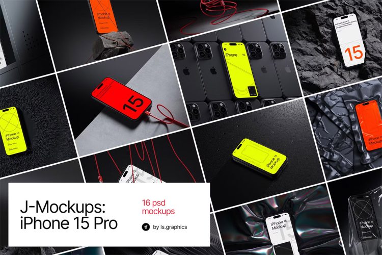 J-Mockups iPhone 15 Pro  16款暗黑工业风iPhone 15手机ui设计作品贴图ps样机展示效果图