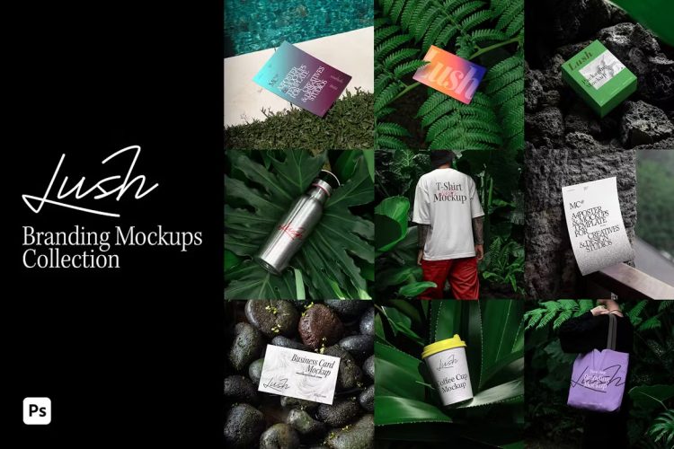 Lush Branding Mockups Kit 31款户外自然植物服装名片纸杯产品包装单页海报VI应用ps样机素材