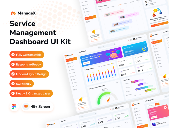 ManageX – Service Management Dashboard UI Kit 专业时尚Dashboard后台数据统计分析可视化仪表盘ui界面套件模板