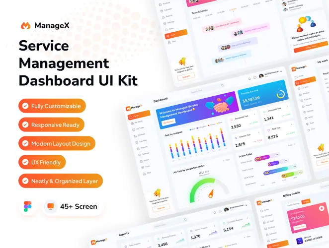 ManageX – Service Management Dashboard UI Kit 专业时尚Dashboard后台数据统计分析可视化仪表盘ui界面套件模板