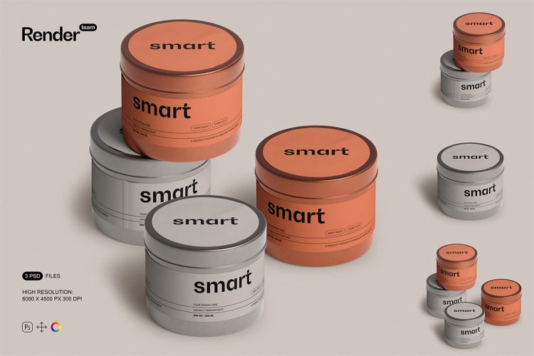Metal Tin Jar Mockup Set  3款圆形金属锡罐密封收纳罐产品包装设计ps样机素材展示效果图