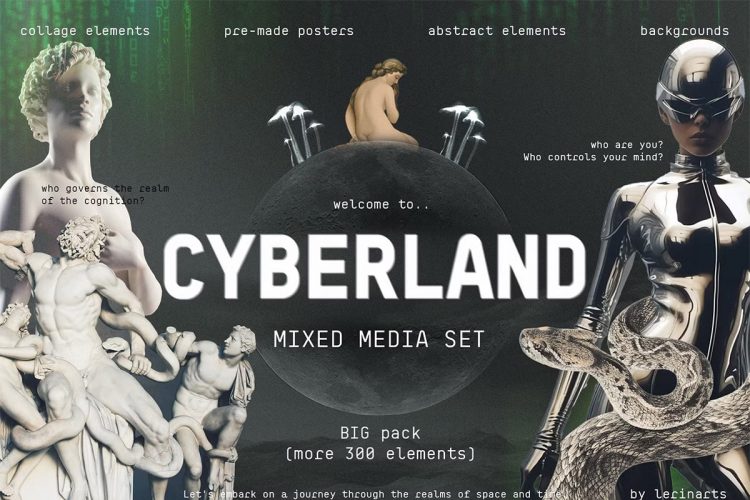 MIXED MEDIA SET Welcome to Cyberland 潮流复古未来科幻超现实主义赛博朋克海报拼贴png免抠图片素材