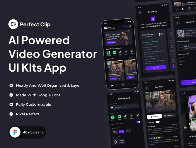 Perfect Clip – AI Powered Video Generator UI KIts App 深色AI人工智能社交短视频剪辑生成器App应用UI界面figma套件模板