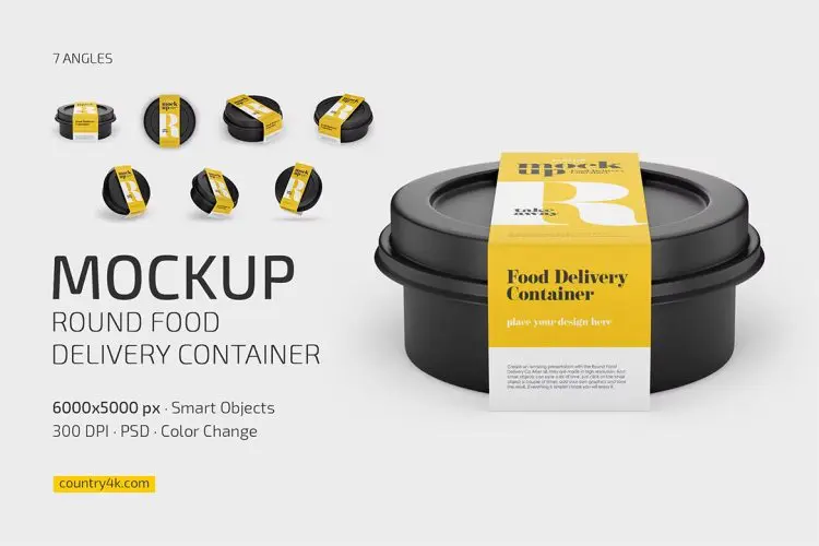 Round Food Delivery Container Mockup 圆形盒饭食品外卖快餐盒模型腰封展示设计贴图ps样机素材