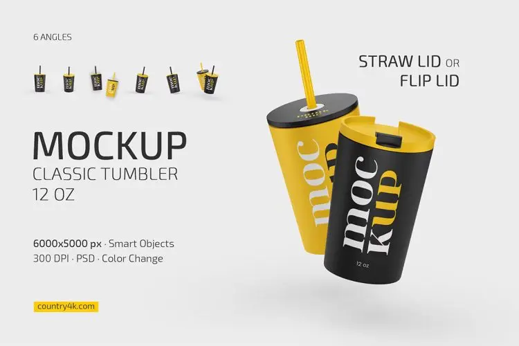 Straw Flip Lid Tumbler 12 oz Mockup  350ml吸管翻盖玻璃咖啡饮料杯模型杯身logo标识包装设计贴图ps样机素材