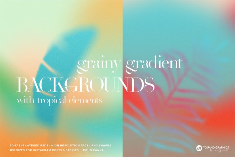 Tropical Grainy Gradient Backgrounds 20款自然文艺优雅植物花卉夕阳日光模糊颗粒渐变背景底纹图片素材