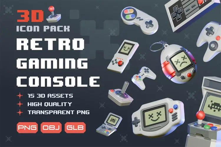 Retro Gaming Console 3D Icon Pack  15款趣味复古Y2K游戏机3D图标插画PNG免扣模型套装