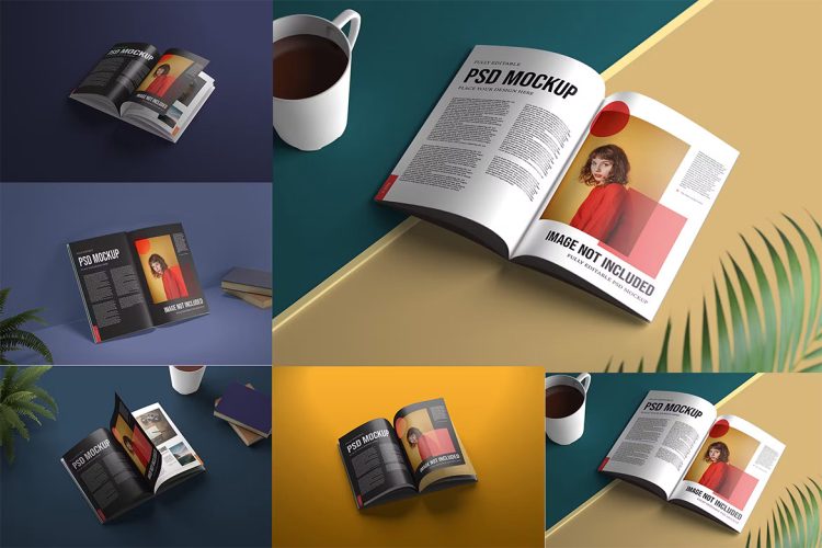 Magazine Spread Mockups  5款逼真打开A4杂志书籍画册设计展示效果图PSD样机模板