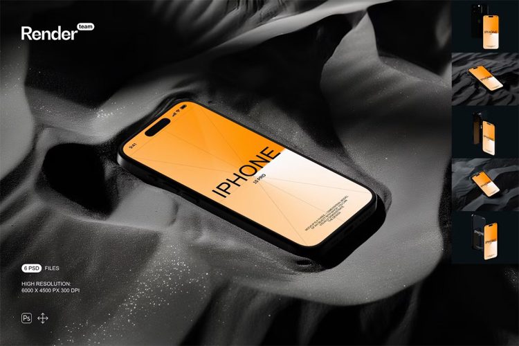 iPhone 15 Pro Mockup Set  6款暗黑时尚极简iPhone 15手机广告ps样机ui设计作品展示效果图