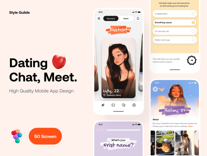 Dating App UI Kit 交友聊天约会社交app应用ui用户界面设计排版fig素材模板源文件