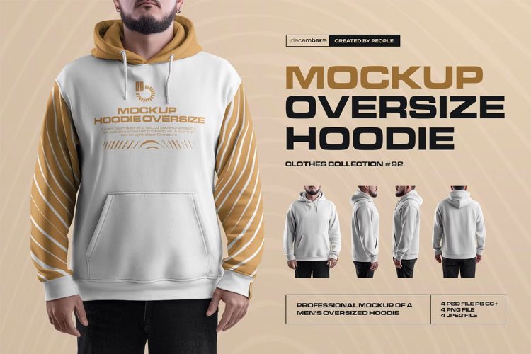 4 Men’s Oversized Hoodie Mockups  4款Oversize大码男装长袖连帽卫衣服装设计ps样机模特展示效果图