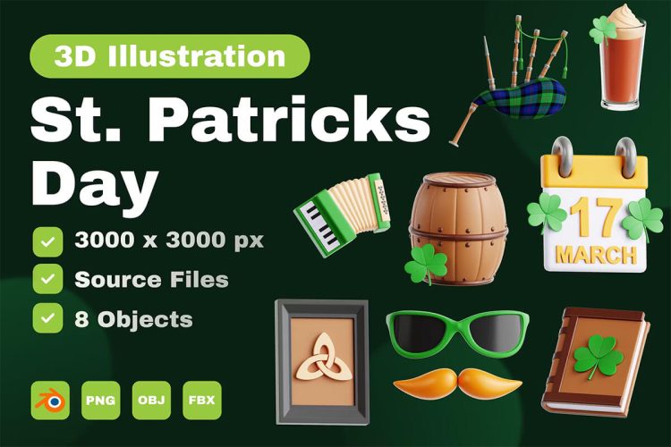 St. Patrick’s Day 3D Icon Set  30款圣帕特里克节日庆典装饰元素3D图标icon设计素材png免抠图片