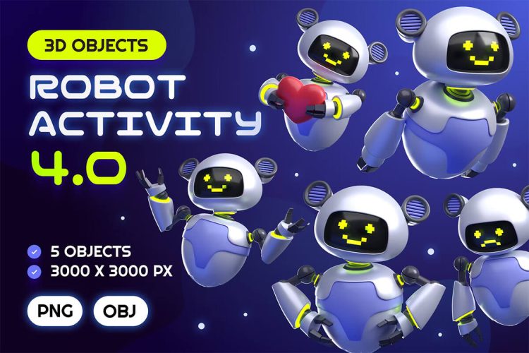 Robot Activity 4.0 Part 3D Illustrations  30款3D卡通趣味未来科技人工智能机器人插图插画png免抠图片素材