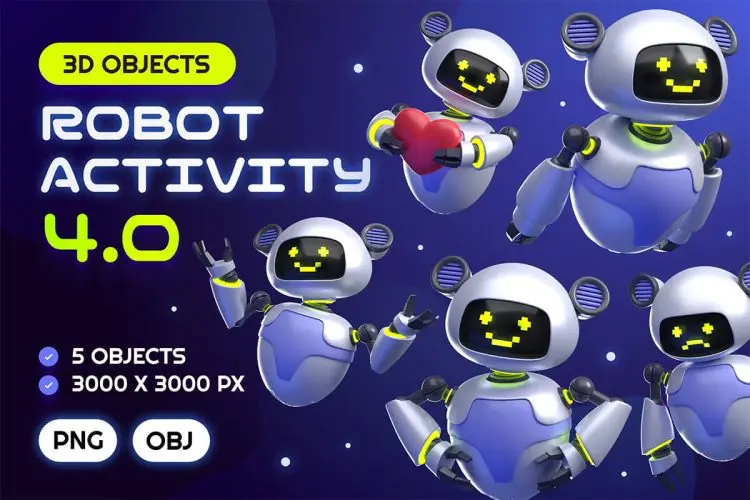 Robot Activity 4.0 Part 3D Illustrations  30款3D卡通趣味未来科技人工智能机器人插图插画webp免抠图片素材