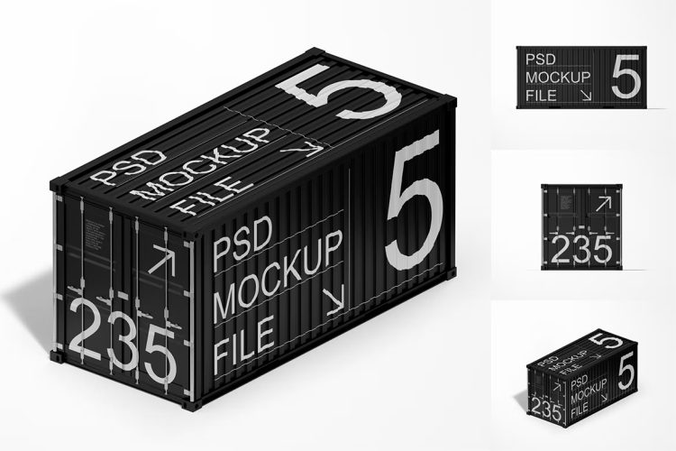 Cargo Container Mockup Set  3款逼真货车货物码头集装箱外观贴图图案设计展示效果图PSD样机模板