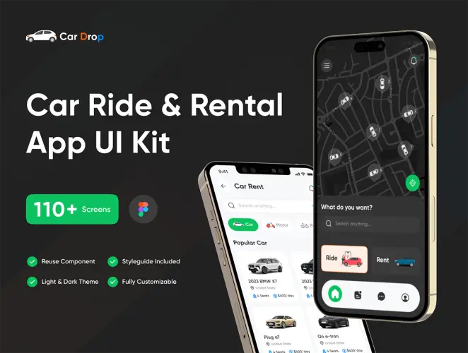 Car Ride & Rental App UI Kit  110多屏国外豪华跑车汽车二手车租赁交易移动平台手机app用户界面设计ui套件模板