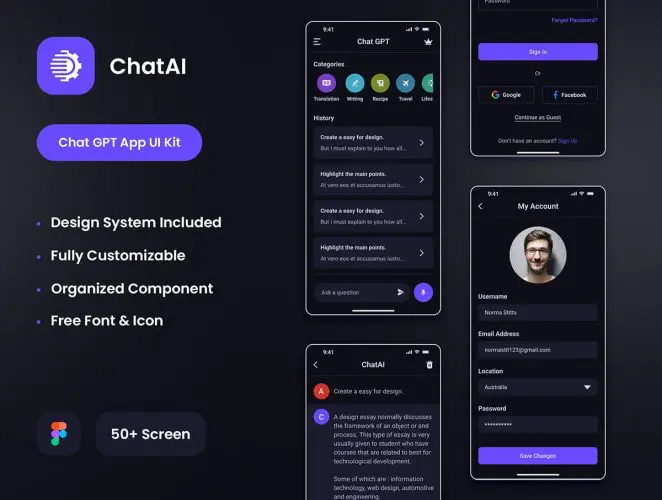 ChatAI – Chat GPT App Figma UI Kit  50多屏机器人聊天app界面设计模板_在线Ai智能解答移动用户界面ui套件下载