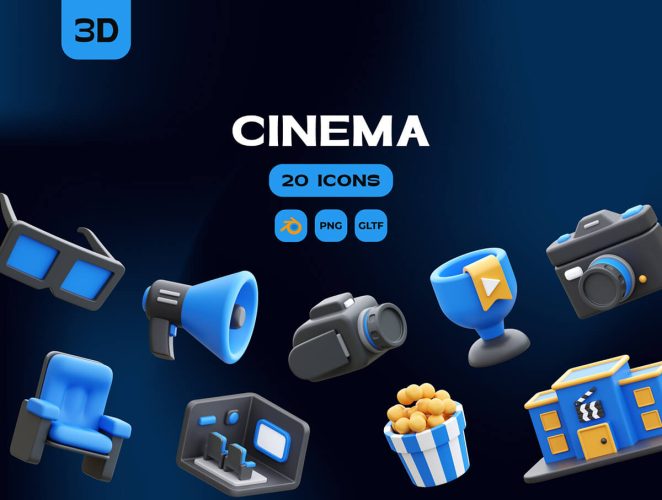 Cinema 3D Illustrations  20款影院观影电影拍摄设备主题元素3D插图icon设计素材png免抠图片