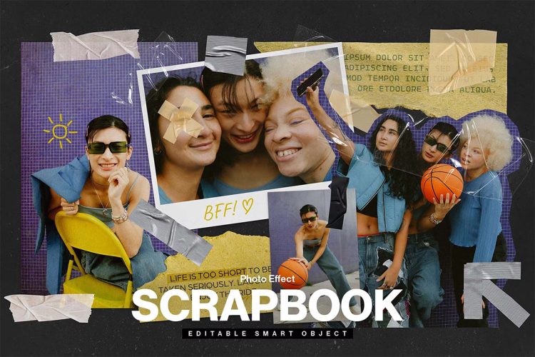 Scrapbook Photo Effect Template 拍立得照片撕裂拼贴画剪切簿模型展示贴图ps样机素材