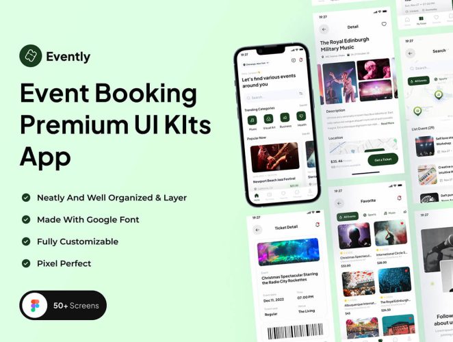 Evently – Event Booking Premium UI KIts App  50多屏线下派对活动入场门票预订用户界面app设计ui套件模板