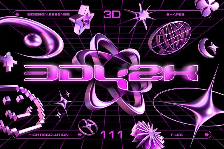 3D Y2K Objects Collection  111款3D未来科幻Y2K赛博朋克抽象艺术几何图形png免抠拼贴素材